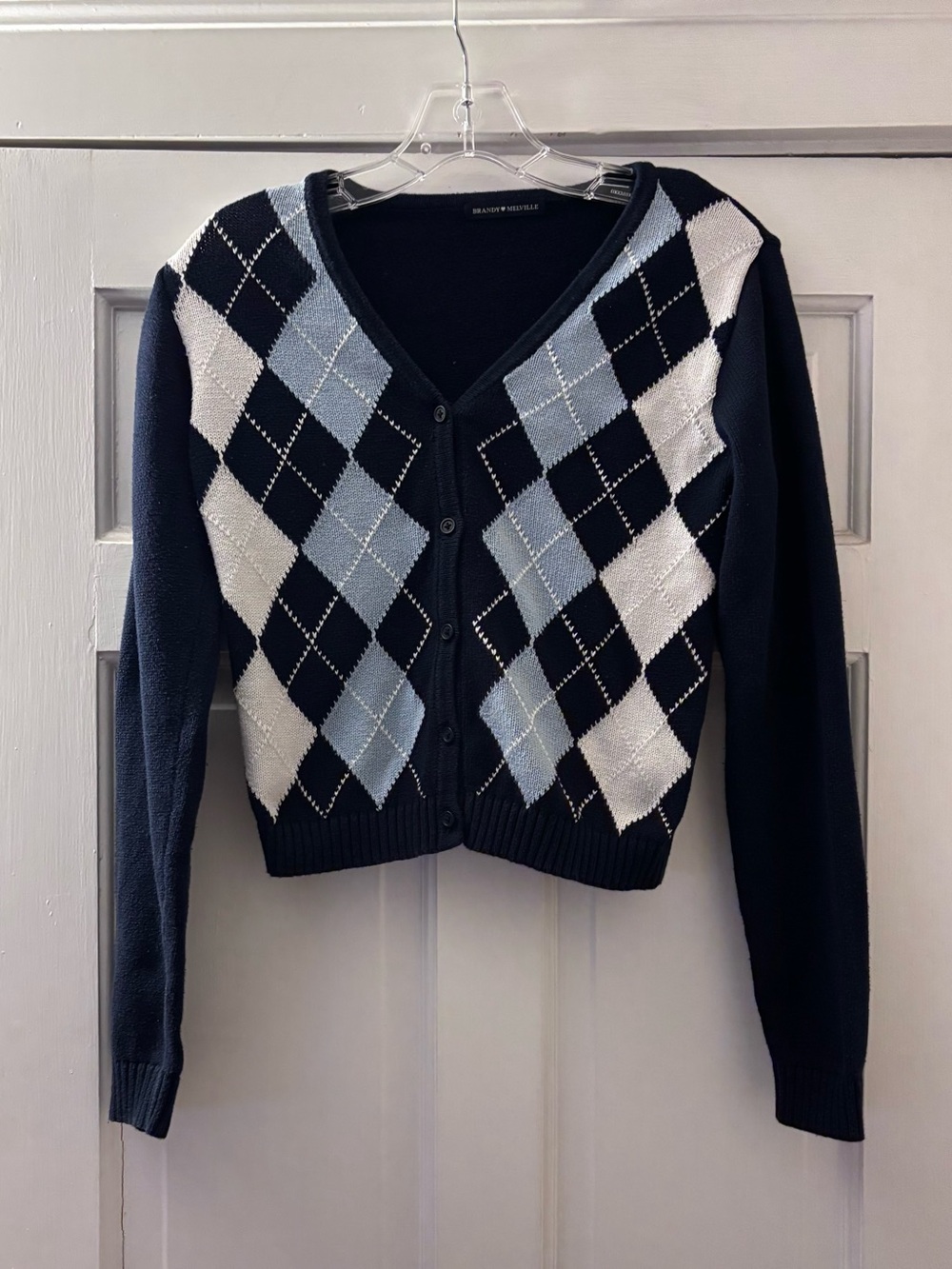 Brandy Melville Navy, Light Blue & White Argyle Cardigan
